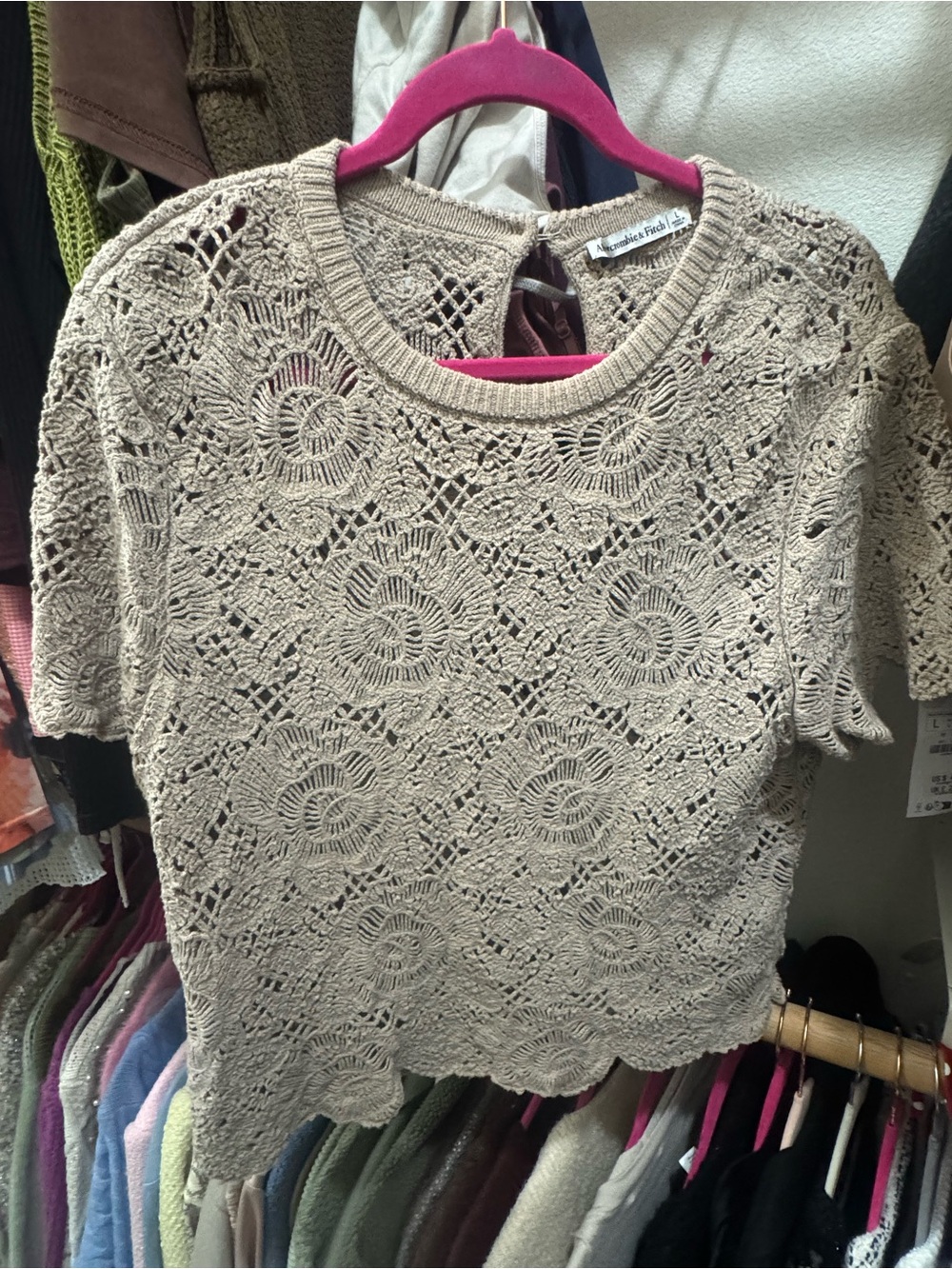 Abercrombie & Fitch Beige Crochet Short-Sleeve Knit Top